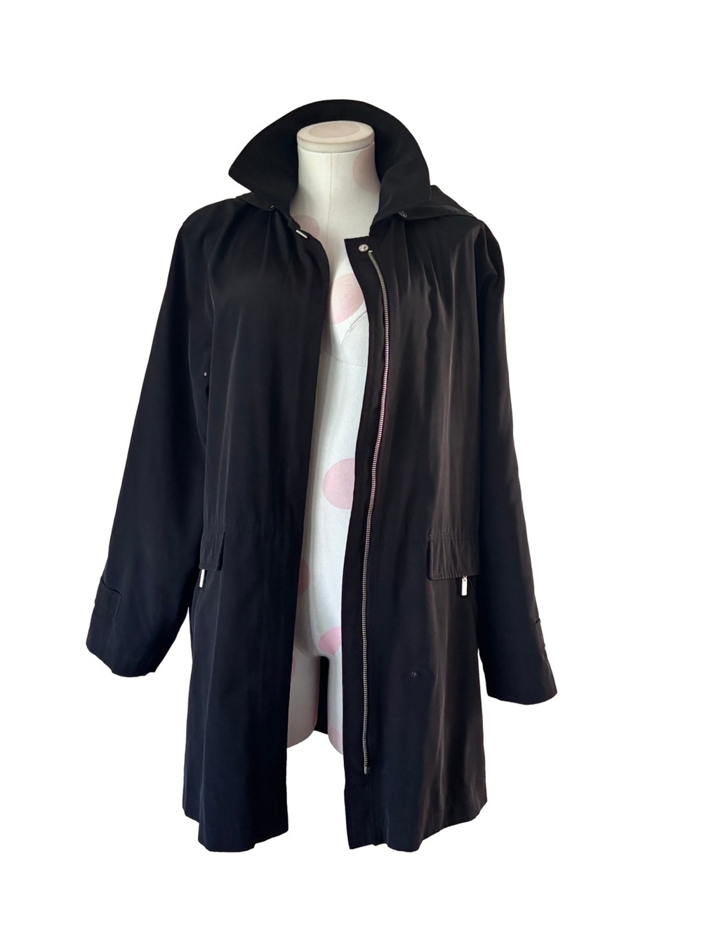 Talbots Petites Black Hooded Raincoat Jacket M Petite Lightweight Trench Coat - Picture 4 of 9